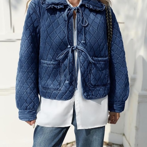 Quilted Denim Jacket with Tie Front & Ruffle Collar – Size Small - Picture 3 of 5